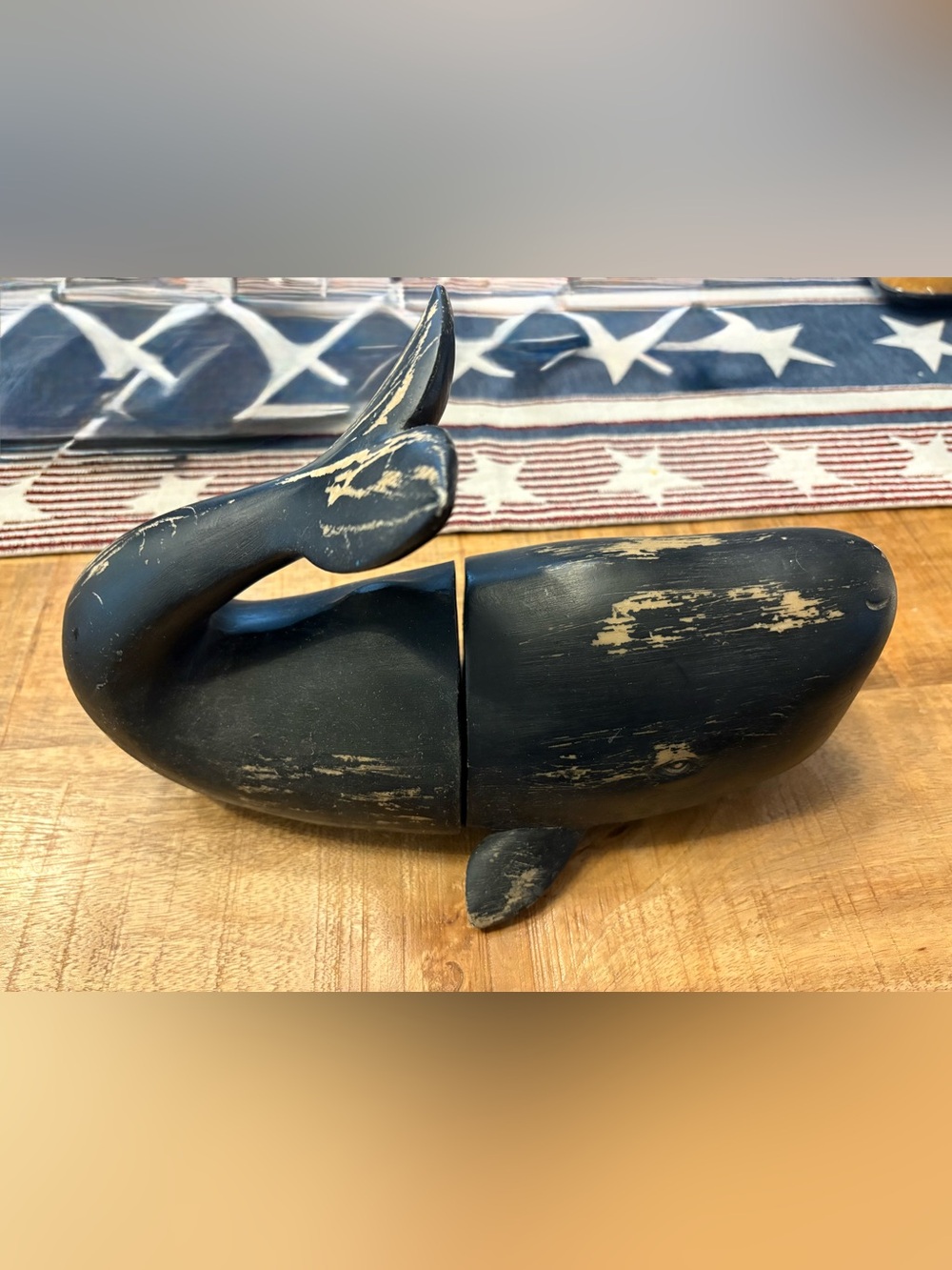 Wooden Whale bookends Sculpture in Distressed Navy